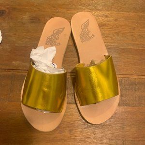 Ancient Greek Sandals Taygete Yellow Metallic Slip On Slides Sandals